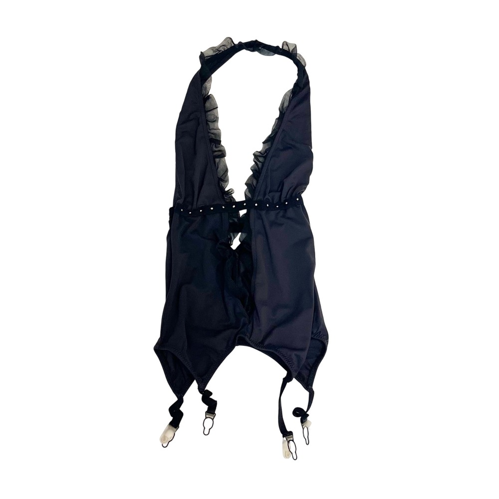 Leg Avenue Black Halter Teddy Bodysuit Ruffle Rhinestone Garter Straps O/S